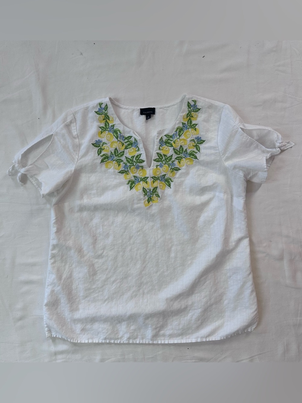 Talbots White Linen Cotton Lemon Embroidered Top Size S Tie Sleeve Resort